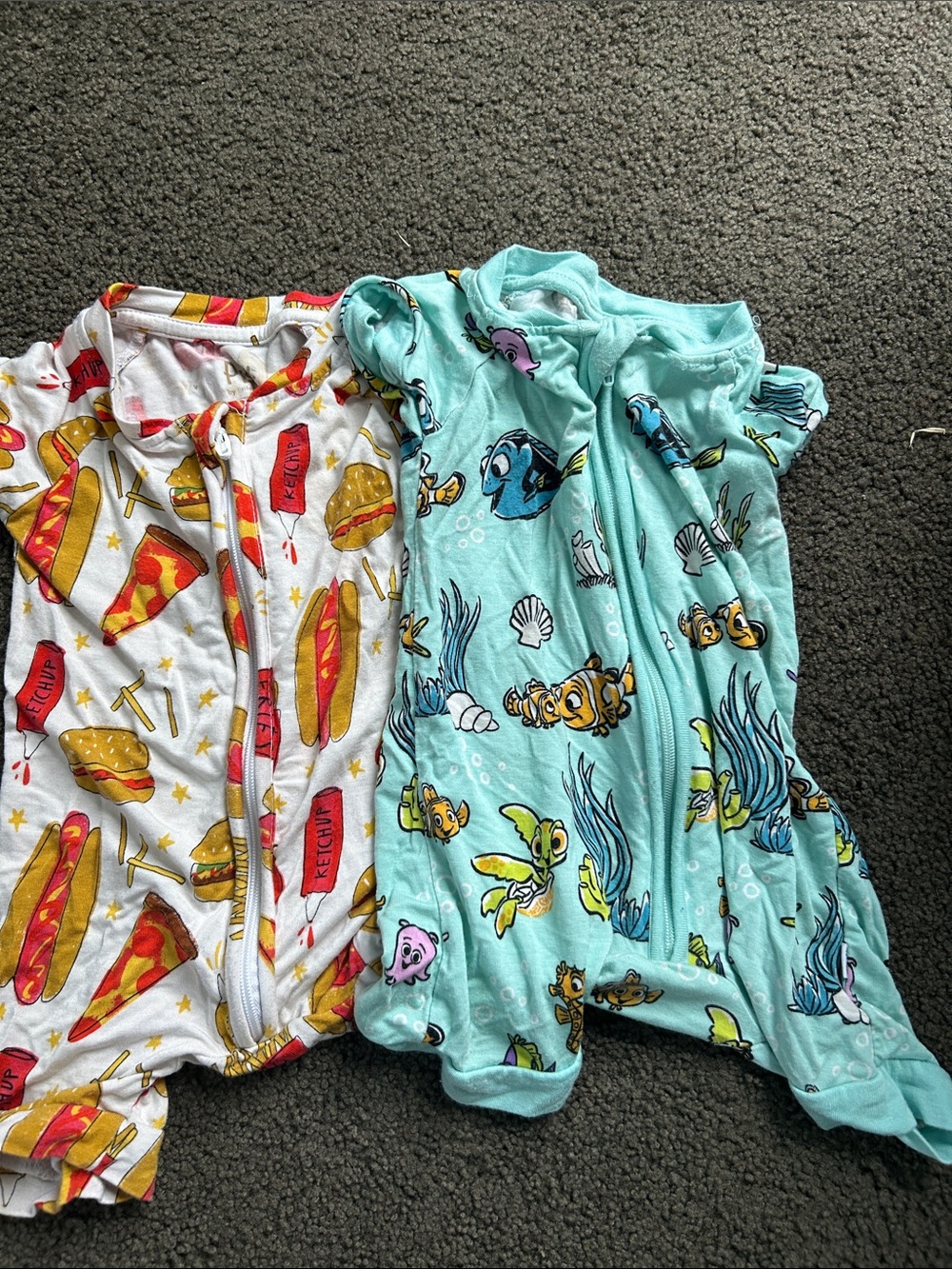 Little Sleepies White Food Print & Aqua Sea Creature Zip Rompers
